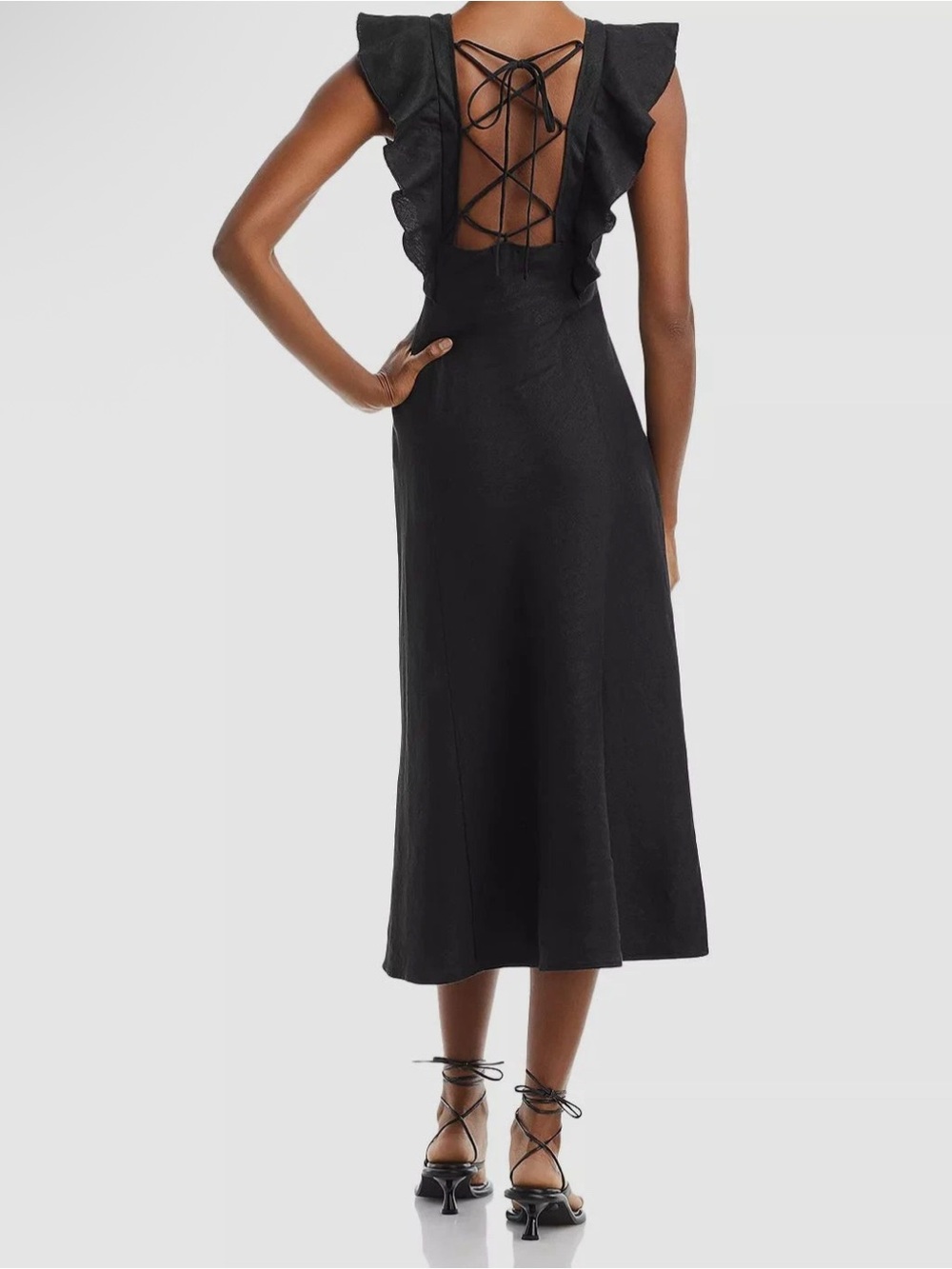 Rails Black Ruffle-Back Midi Dress with Lace-Up Back